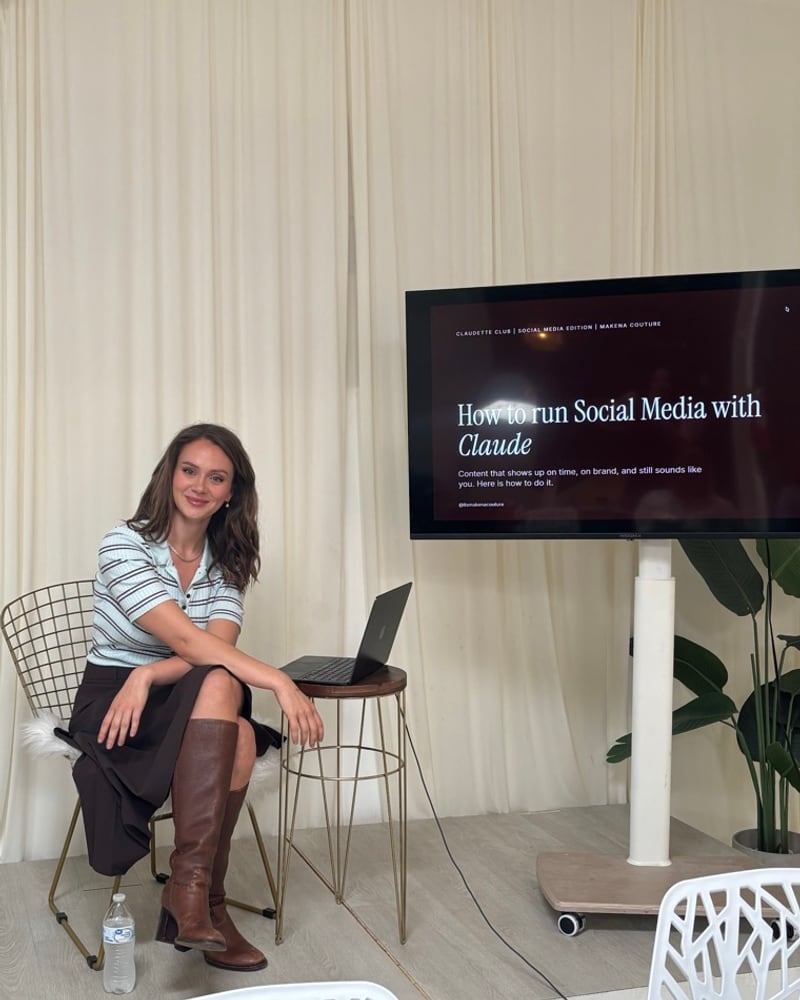 Makena Couture, Claude consultant in Austin, Texas, teaching a workshop on how to run social media with Claude